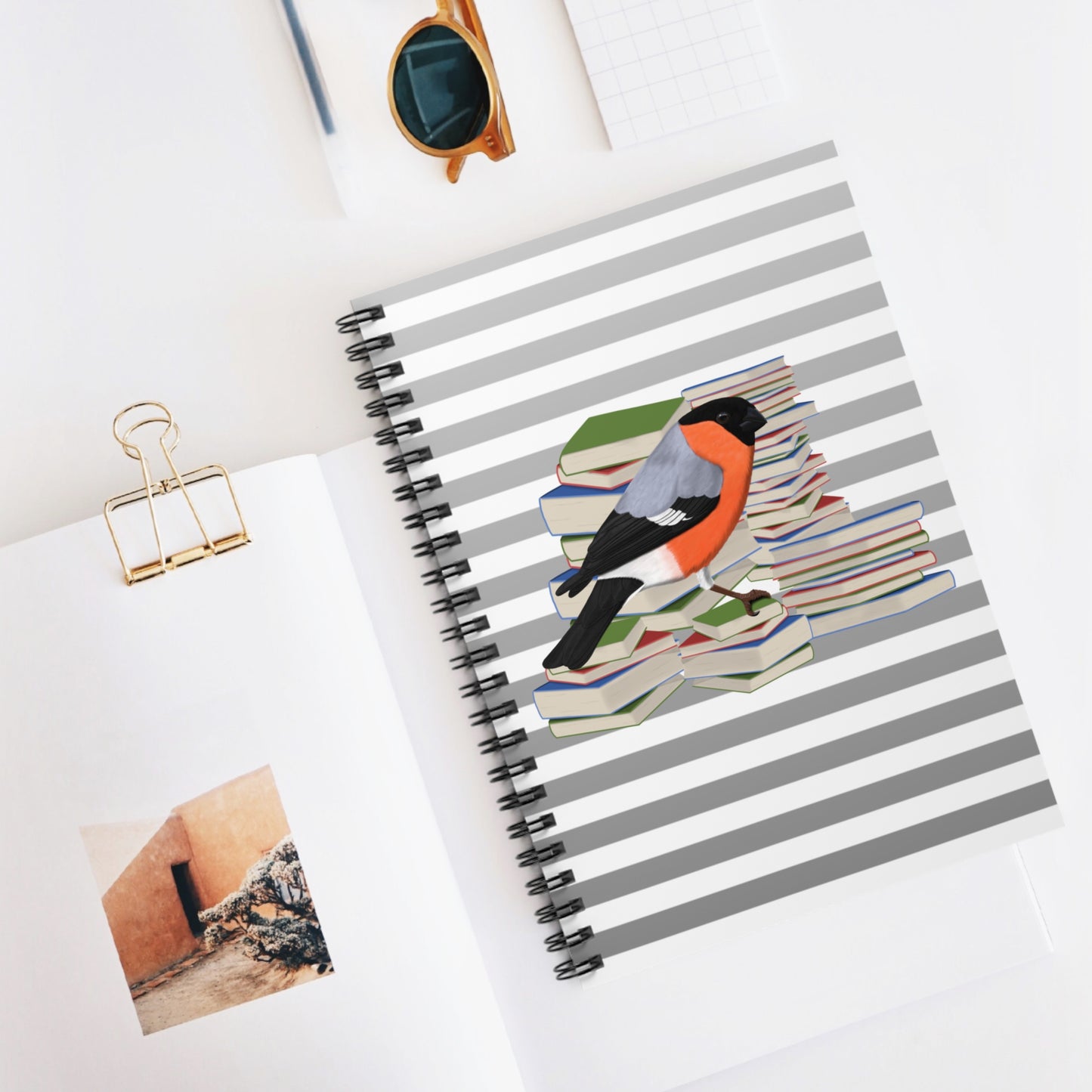 Bullfinch Bird with Books Birdlover Bookworm Spiral Notebook Ruled Line 6" x 8"