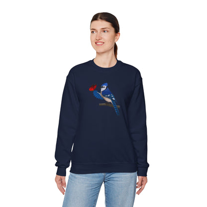 Blue Jay with Butterfly Bird Birding & Birdwatching Sweatshirt