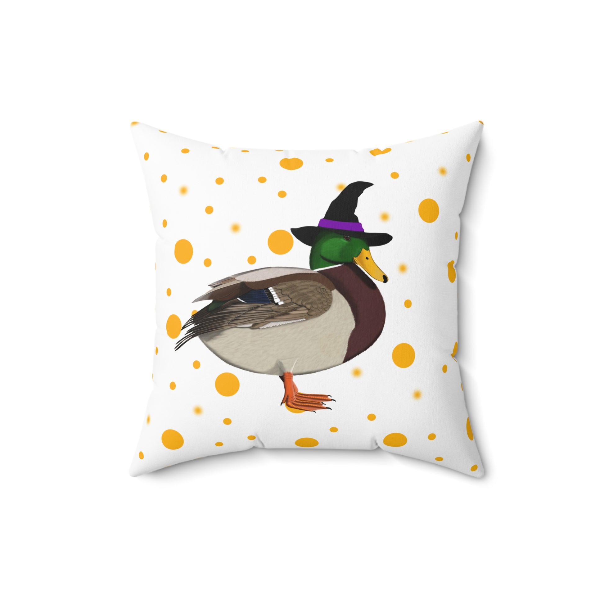 Mallard Halloween Bird Throw Pillow White 16"x16" Orange Dots