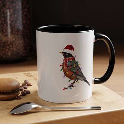 American Robin as Santa with Fairy Lights Ceramic Bird Coffee Mug – Custom Gift for Bird Watchers
