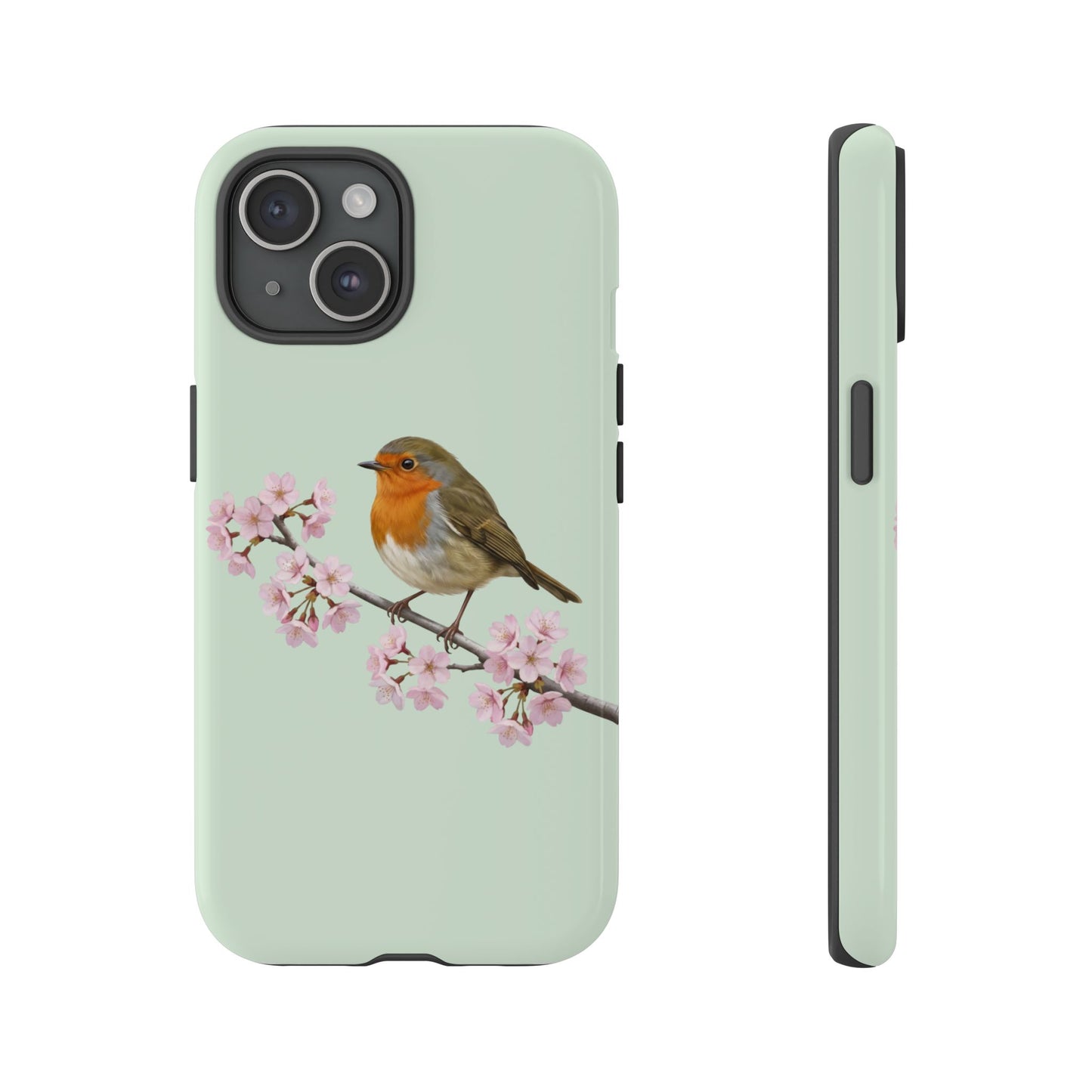 Rotkehlchen Handyhülle in Salbeigrün | Florales Kirschblüten Vogel-Motiv für iPhone & Google Pixel