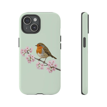 Rotkehlchen Handyhülle in Salbeigrün | Florales Kirschblüten Vogel-Motiv für iPhone & Google Pixel