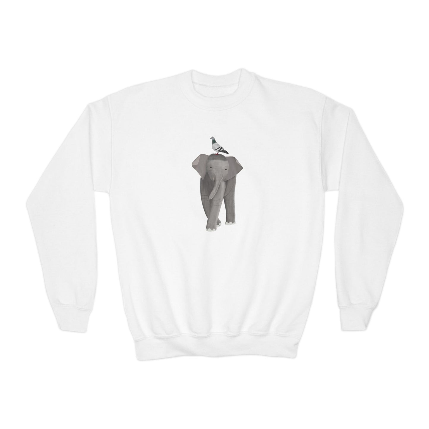 Elephant with Pigeon Bird Youth Crewneck Sweatshirt