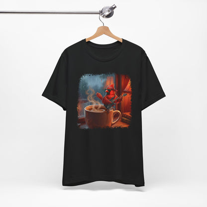 Vintage Lo-Fi Coffee & Rain Graphic Tee – Cardinal with Guitar Musician Shirt