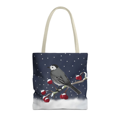 White Wagtail on a Winter Branch Christmas Bird Tote Bag 16"x16"