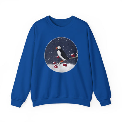 Puffin on a Winter Branch Birdwatcher Christmas Bird Sweatshirt