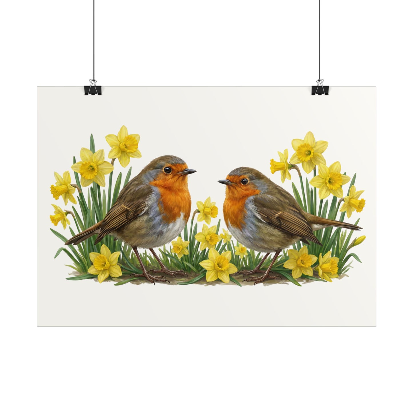 Premium Poster Rotkehlchen im Frühling mit Osterglocken (Matt)