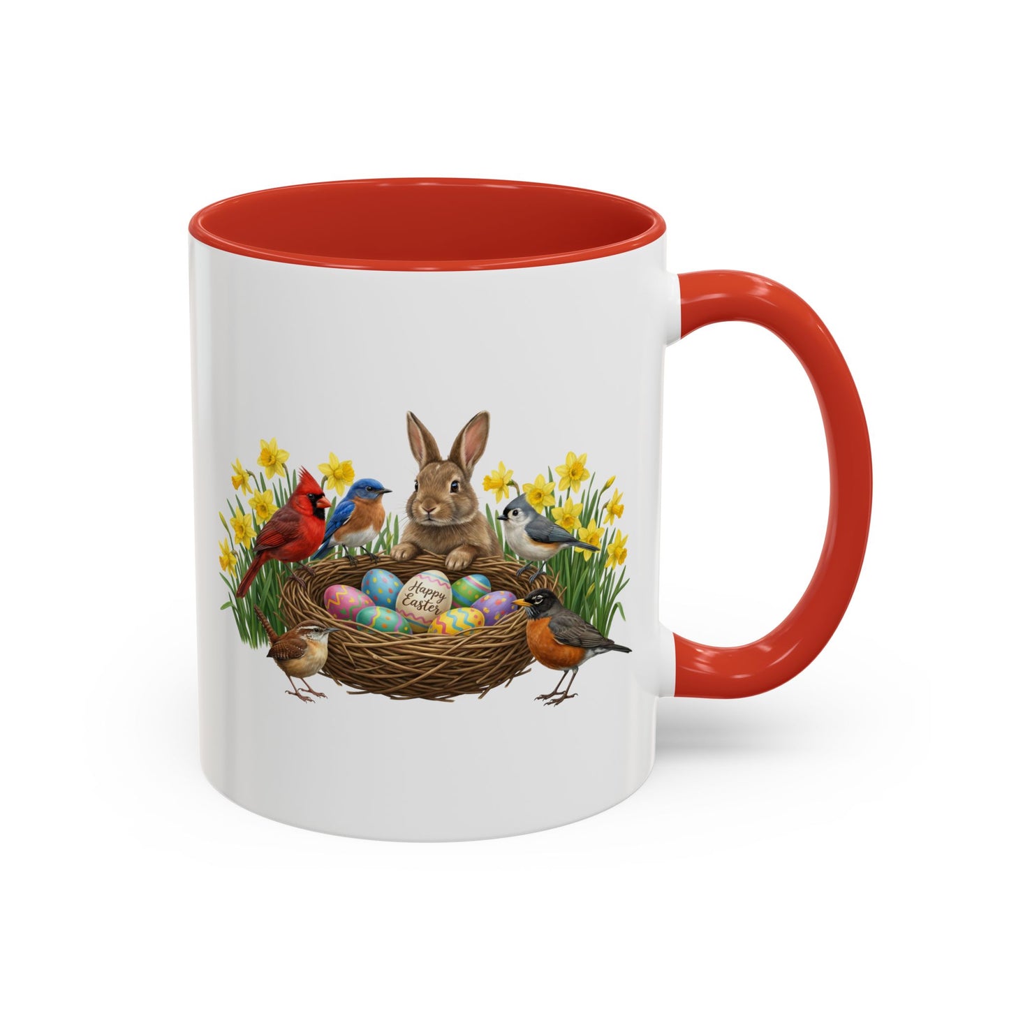 Spring Birds Garden Coffee Mug – Cardinal, Bluebird, Wren & Bunny in Daffodils | Two-Tone Ceramic Cup (11oz & 15oz)