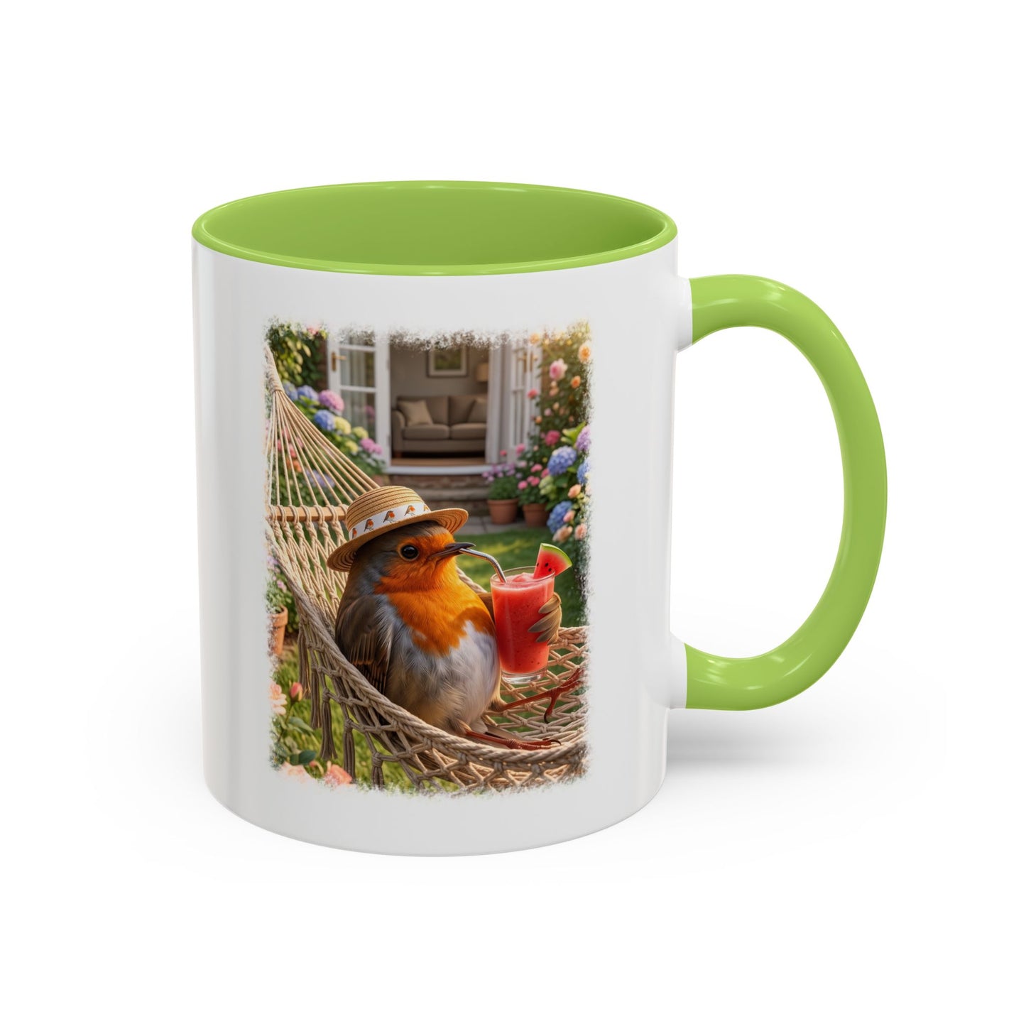 Tasse mit Rotkehlchen Motiv Rosi in der Hängematte für Vogelfreunde