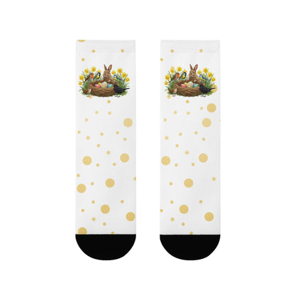 Vogel Socken mit Osterglocken – Kaninchen, Amsel, Rotkehlchen, Meisen & Zaunkönig am Osternest
