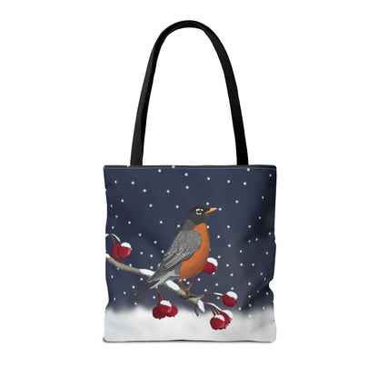 Robin on a Winter Branch Christmas Bird Tote Bag 16"x16"