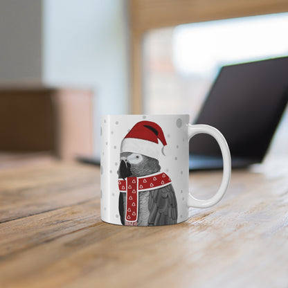 Grey Parrot with Red Santa Hat and Scarf Christmas Bird Ceramic Mug 11oz