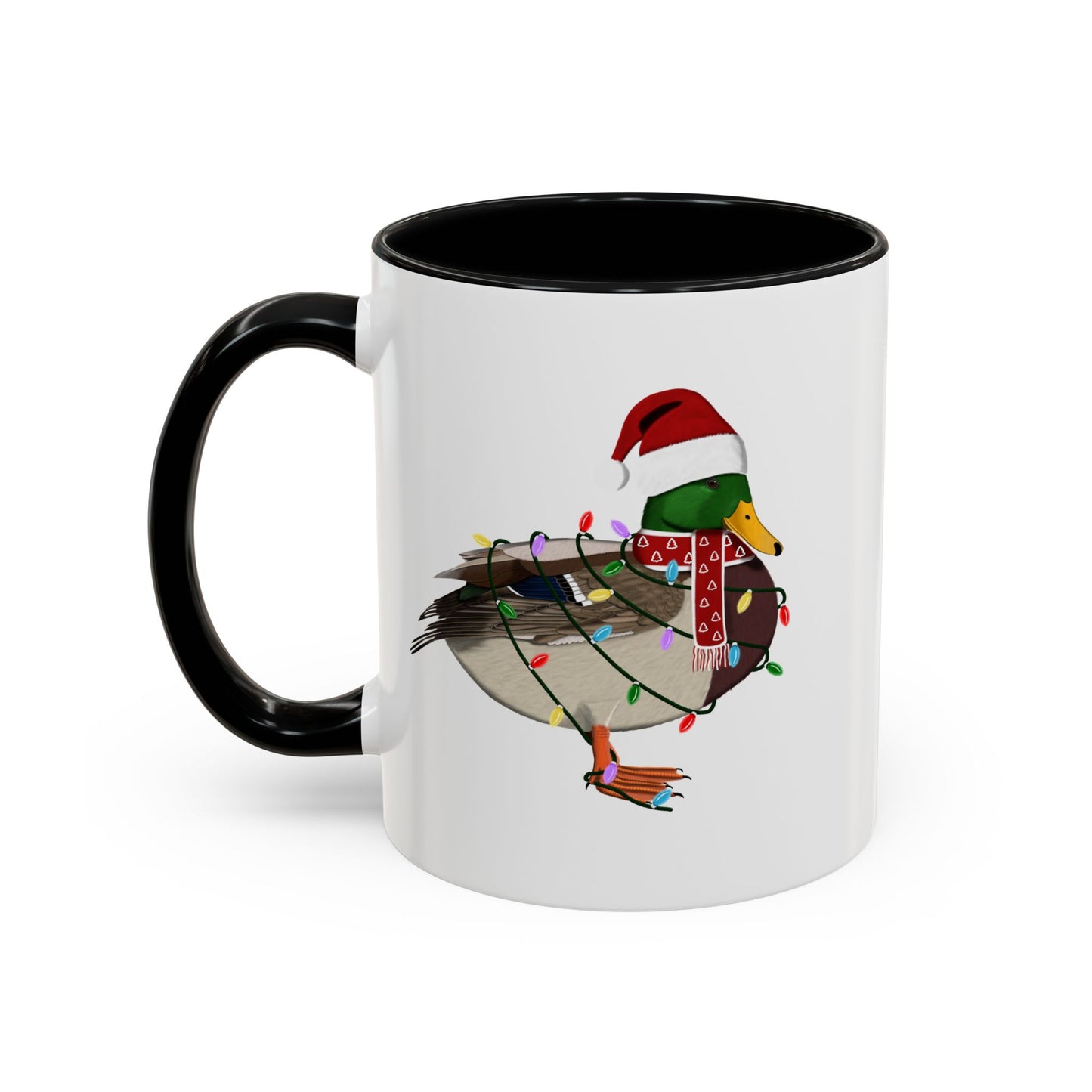 サンタクロースのマガモとフェアリーライトの陶器製バードコーヒーマグ – バードウォッチャーへのカスタムギフト