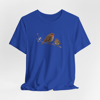 European Robin & Fledgling T-Shirt | Spring Blossoms Unisex Graphic Tee
