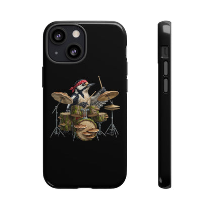 Specht am Schlagzeug Premium Handyhülle – Doppelt Geschützt & Rundum Bedruckt Schwarz