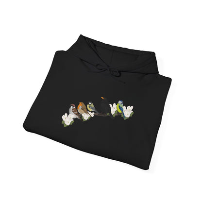 Vögel auf einem Ast Hoodie - Amsel Rotkehlchen Kohlmeise Spatz Kapuzenpullover für Vogelbeobachter & Naturliebhaber