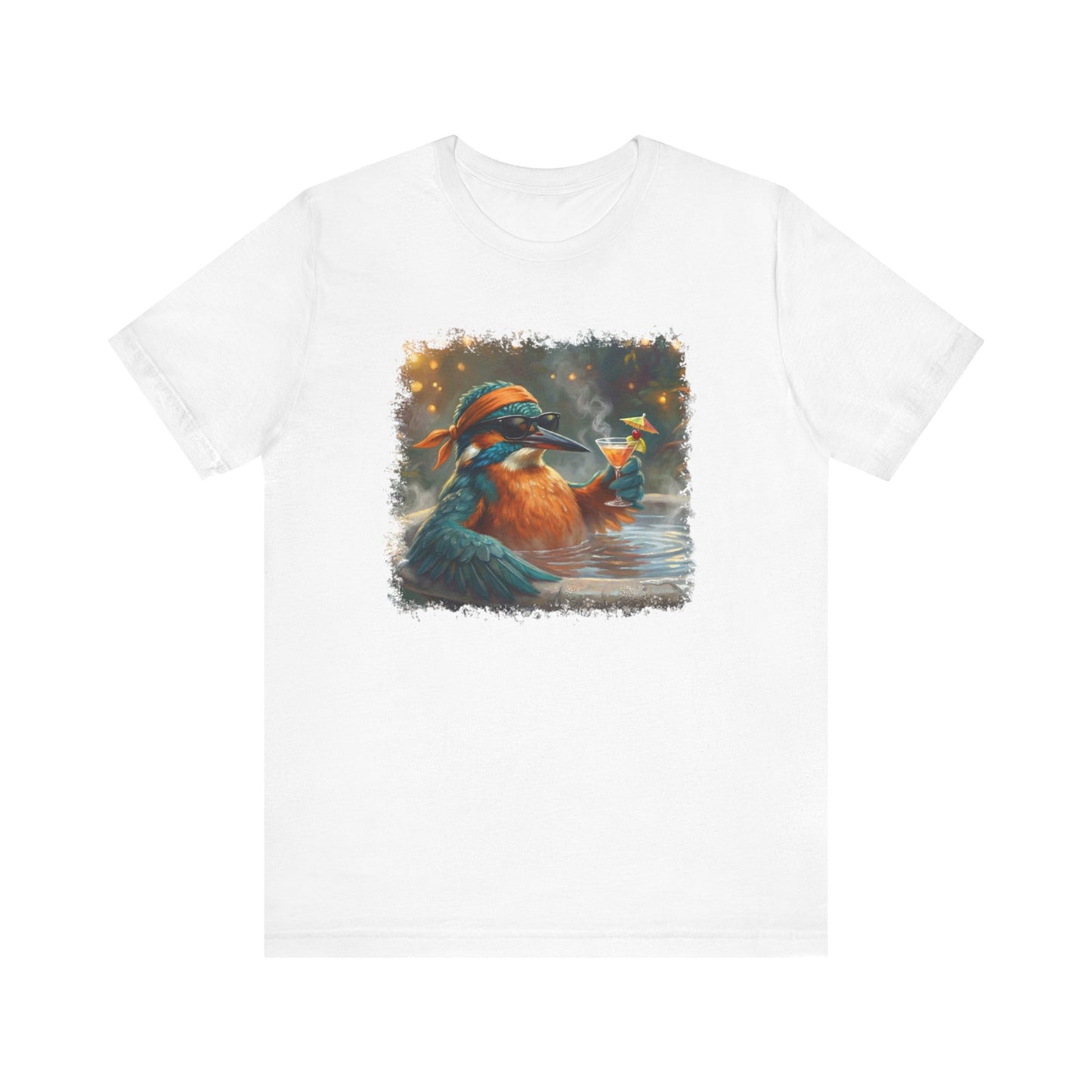 Funny Kingfisher T-Shirt | Bird with Sunglasses & Drink | Unisex Summer Tee