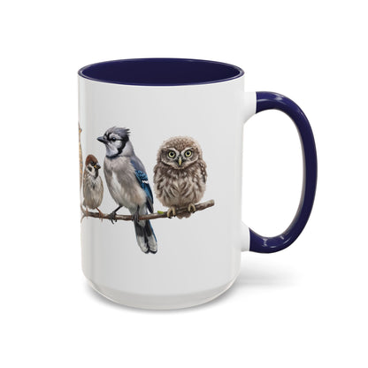 Blue Jay Cardinal Bluebird Little Owl Fledglings Two-Tone Mug | Spring Bird Lover Gift