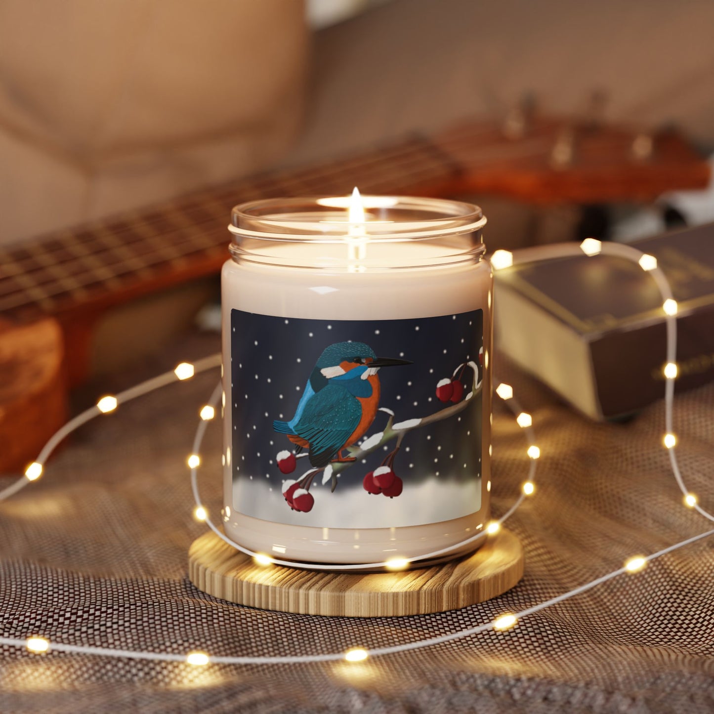 Kingfisher on a Winter Branch Christmas Bird Art Scented Soy Candle, 9oz