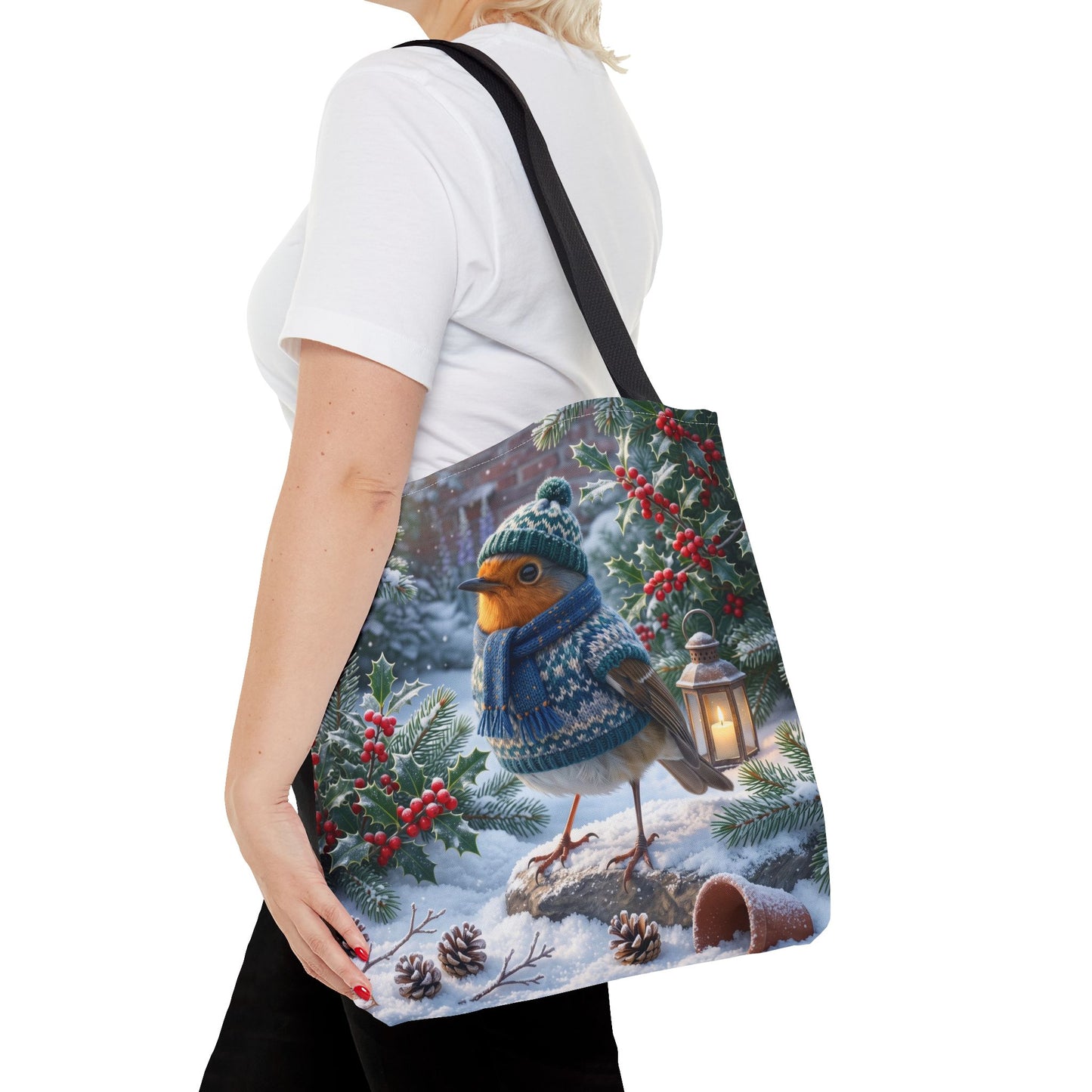 Premium Tragetasche Rosi Rotkehlchen im kuscheligen Winter-Outfit (40 x 40 cm)