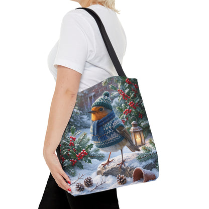 Premium Tragetasche Rosi Rotkehlchen im kuscheligen Winter-Outfit (40 x 40 cm)