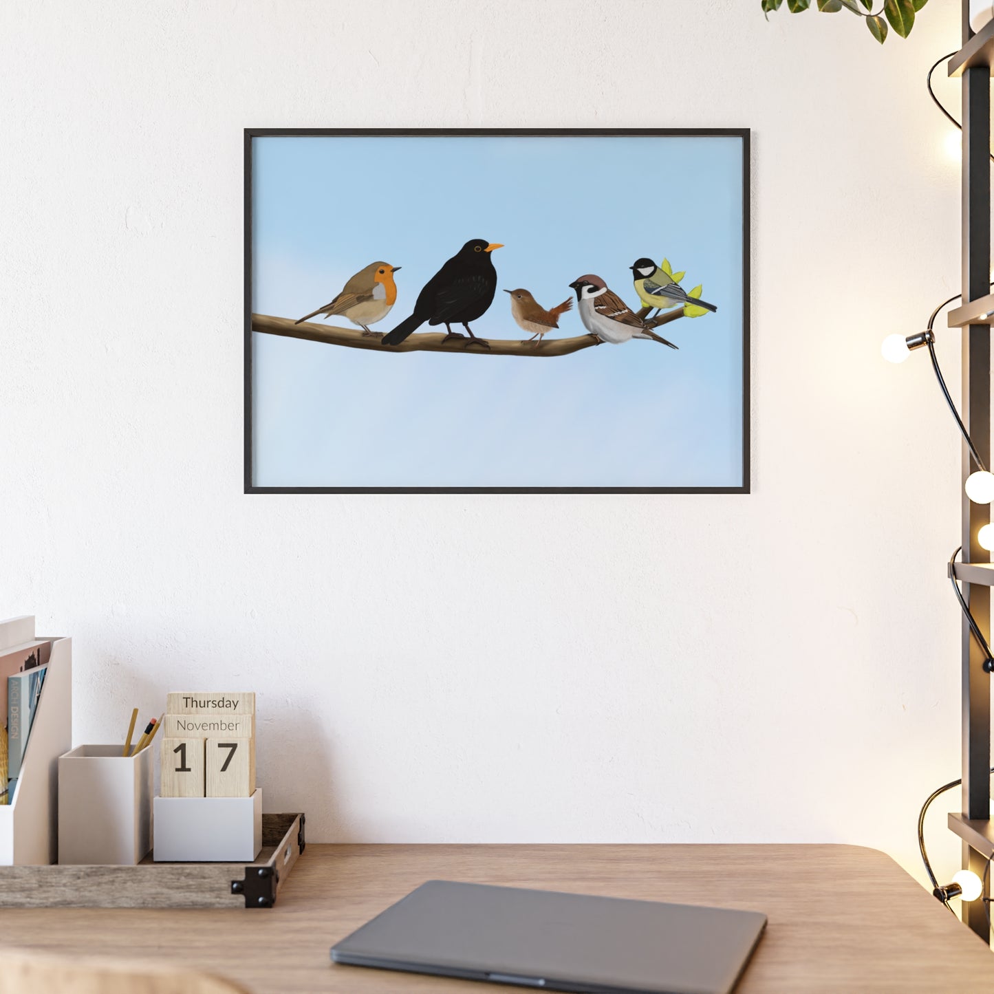 Vogel Poster im Holzrahmen - Vögel auf einem Ast Poster Amsel Rotkehlchen Zaunkönig Spatz Kohlmeise