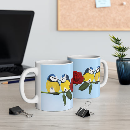 Blue Titmice on a Rose Valentine's Day Bird Ceramic Mug 11oz - jz.birds