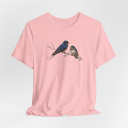 Barn Swallow & Fledgling T-Shirt | Spring Blossoms Unisex Graphic Tee