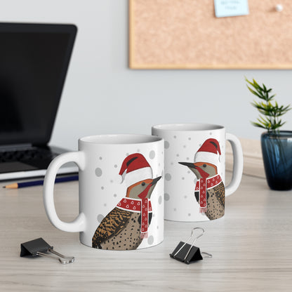 Northern Flicker with Red Santa Hat and Scarf Christmas Bird Ceramic Mug 11oz