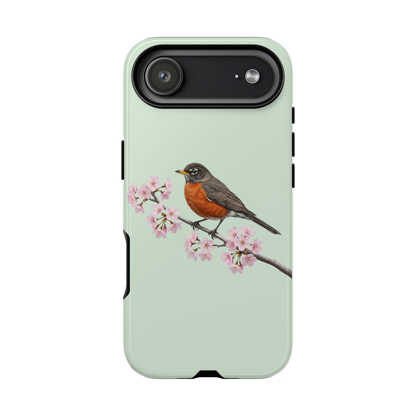 Wanderdrossel Handyhülle in Salbeigrün | Florales Kirschblüten Vogel-Motiv für iPhone & Google Pixel