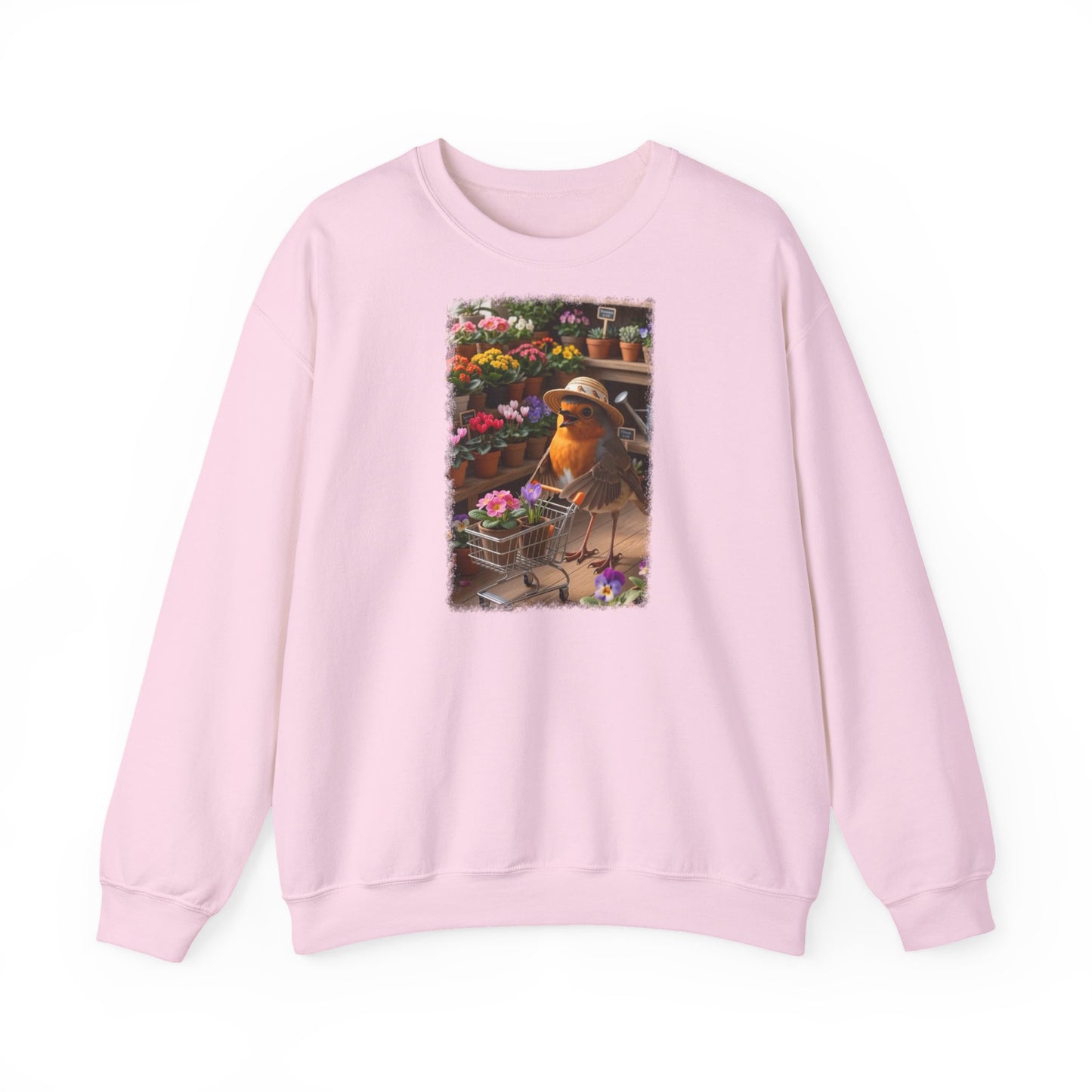 Lustiges Rotkehlchen Sweatshirt mit Blumen-Einkaufswagen | Süßer Vogel Pullover für Pflanzenliebhaber