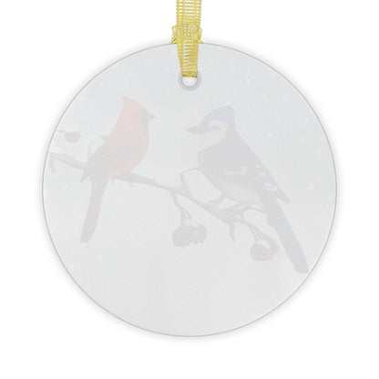 Blue Jay Cardinal Snow Bird Christmas Glass Ornament White