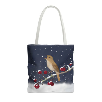 Nightingale on a Winter Branch Christmas Bird Tote Bag 16"x16"