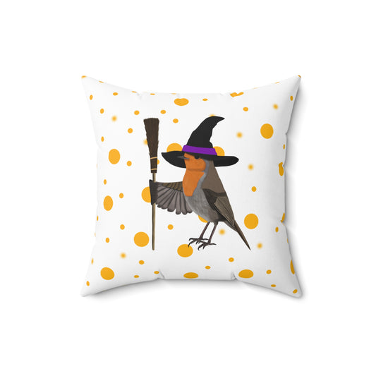 Robin Halloween Bird Throw Pillow White 16"x16" Orange Dots