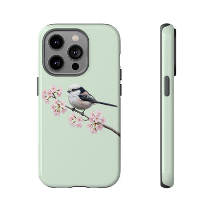 Schwanzmeise Handyhülle in Salbeigrün | Florales Kirschblüten Vogel-Motiv für iPhone & Google Pixel