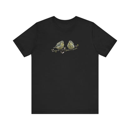 Blue Titmouse Fledgling T-Shirt | Spring Blossoms Unisex Graphic Tee for Bird Watchers
