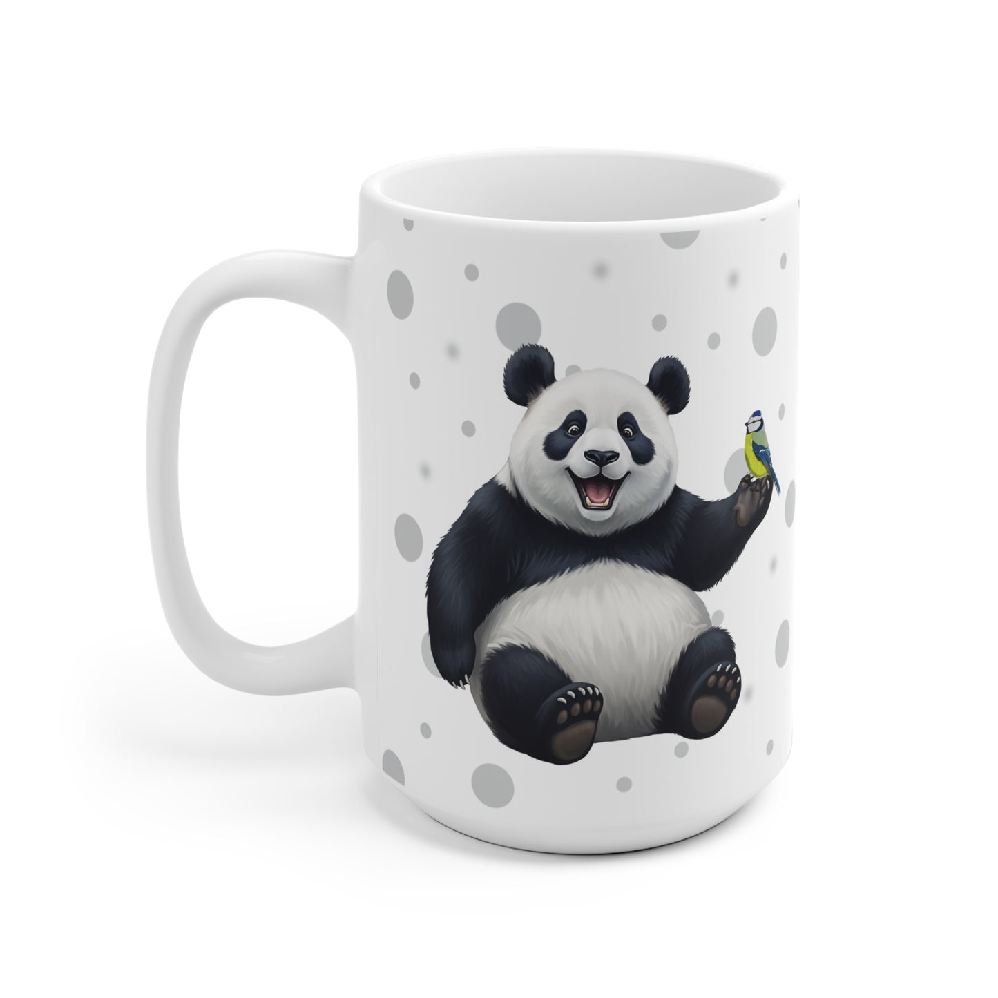 Blaumeise mit einem fröhlichen Panda Vogel Tiermotiv Tasse Punkte Grau