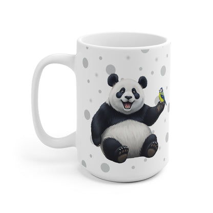 Blaumeise mit einem fröhlichen Panda Vogel Tiermotiv Tasse Punkte Grau