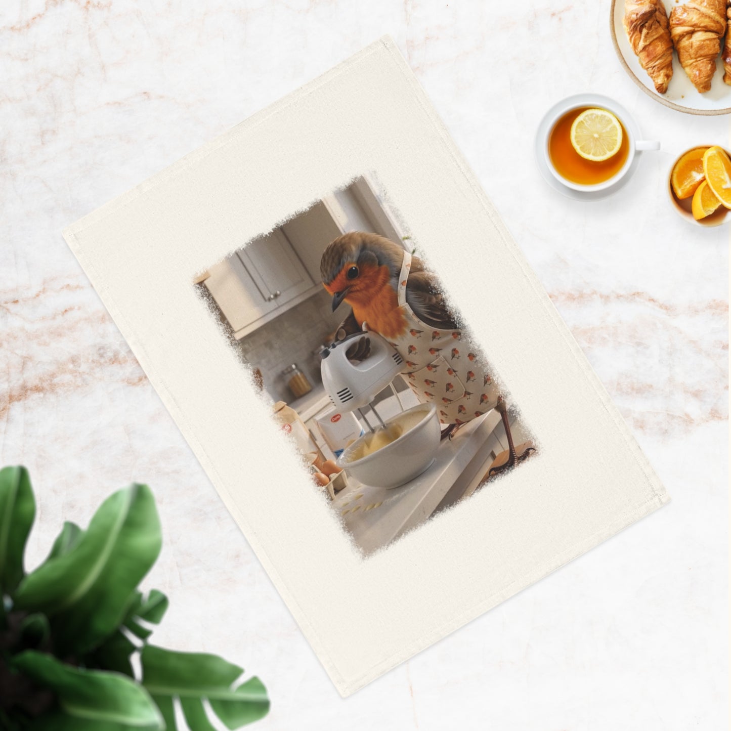 Rosi Rotkehlchen Pfannkuchen Backen Geschirrtuch – Bio-Baumwolle mit Gartenvogel-Motiv