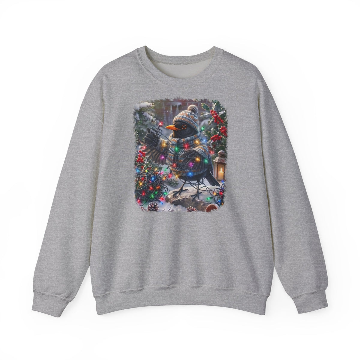 Premium Sweatshirt Amsel und die Lichterkette im winterlichen Garten für Vogelfreunde