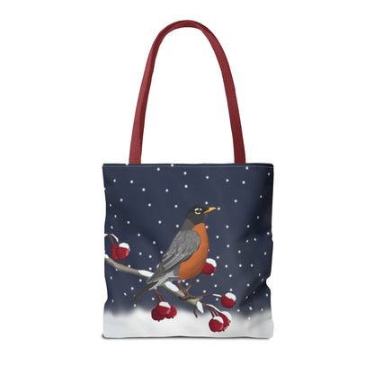 Robin on a Winter Branch Christmas Bird Tote Bag 16"x16"