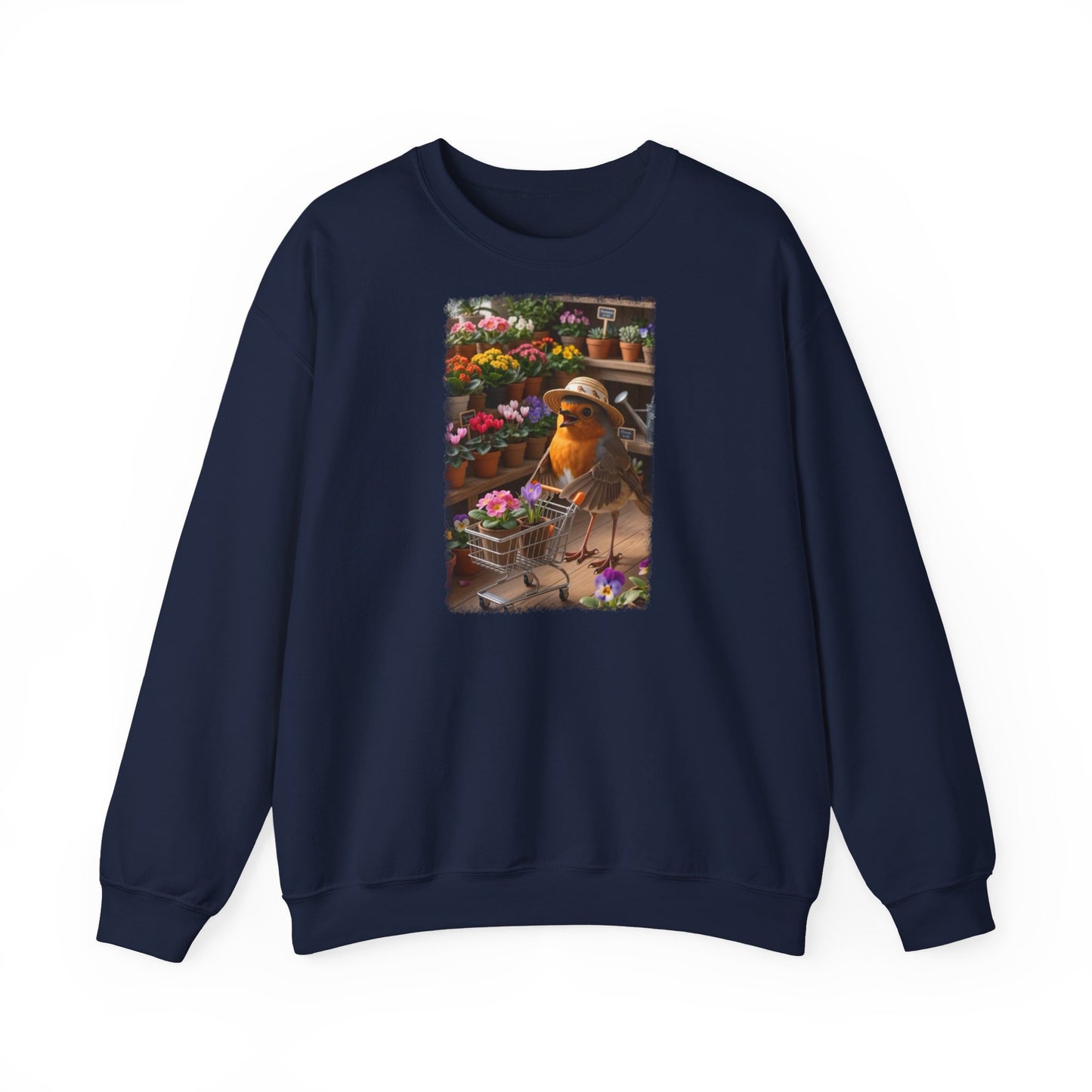 Lustiges Rotkehlchen Sweatshirt mit Blumen-Einkaufswagen | Süßer Vogel Pullover für Pflanzenliebhaber