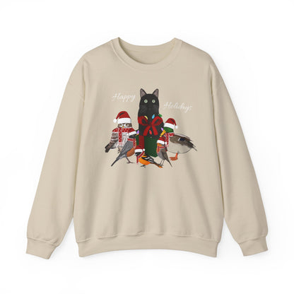 Robin Mallard Oriole Owl with Cat in a Box and Fairy Lights Happy Holidays Christmas Bird Sweatshirt