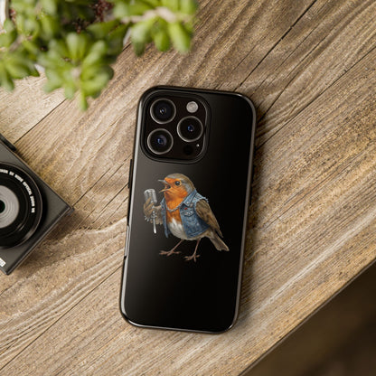 Rotkehlchen mit Mikrofon Premium Handyhülle – Doppelt Geschützt & Rundum Bedruckt Schwarz