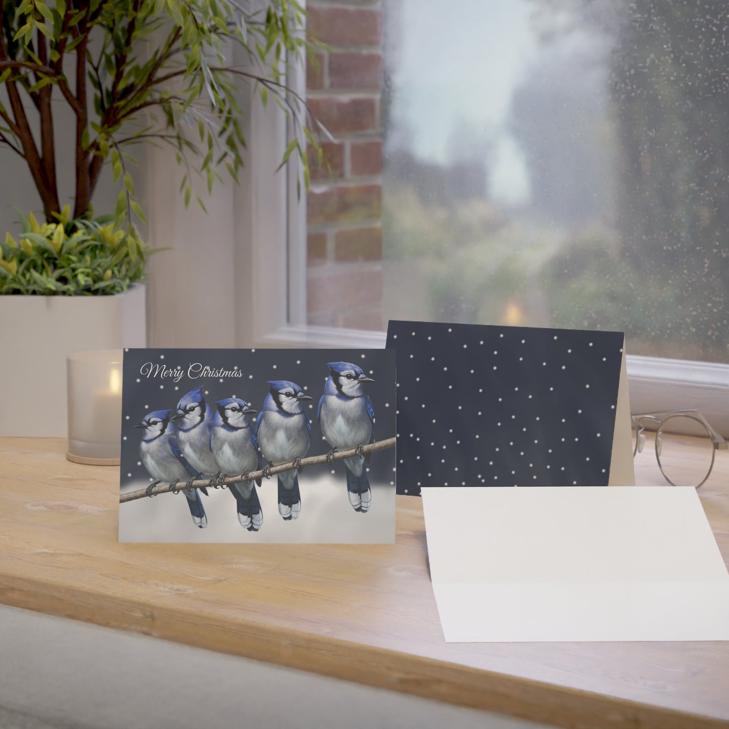 Blue Jays Bird Art Premium Christmas Card 7x5" | Double-Sided Matte Holiday Greeting