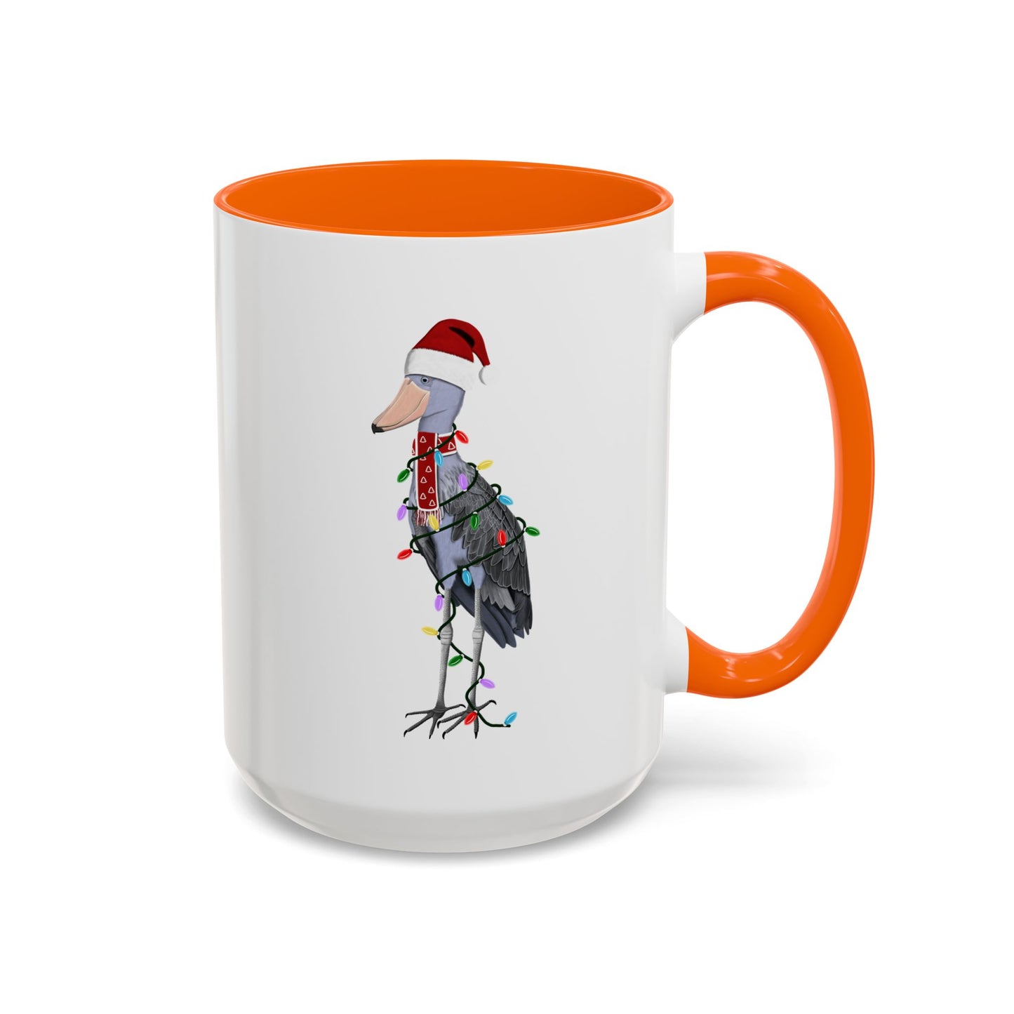 サンタクロースのハシビロコウとフェアリーライトの陶器製バードコーヒーマグ – バードウォッチャーへのカスタムギフト