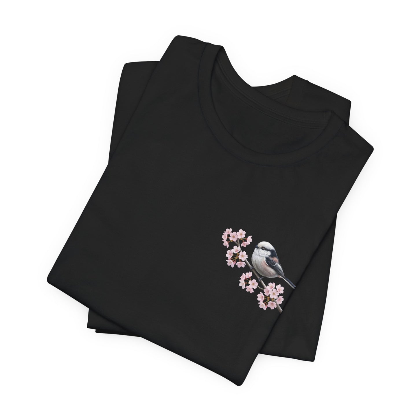 Schwanzmeise T-Shirt mit Kirschblüten | Florales Vogelmotiv für Vogelfreunde