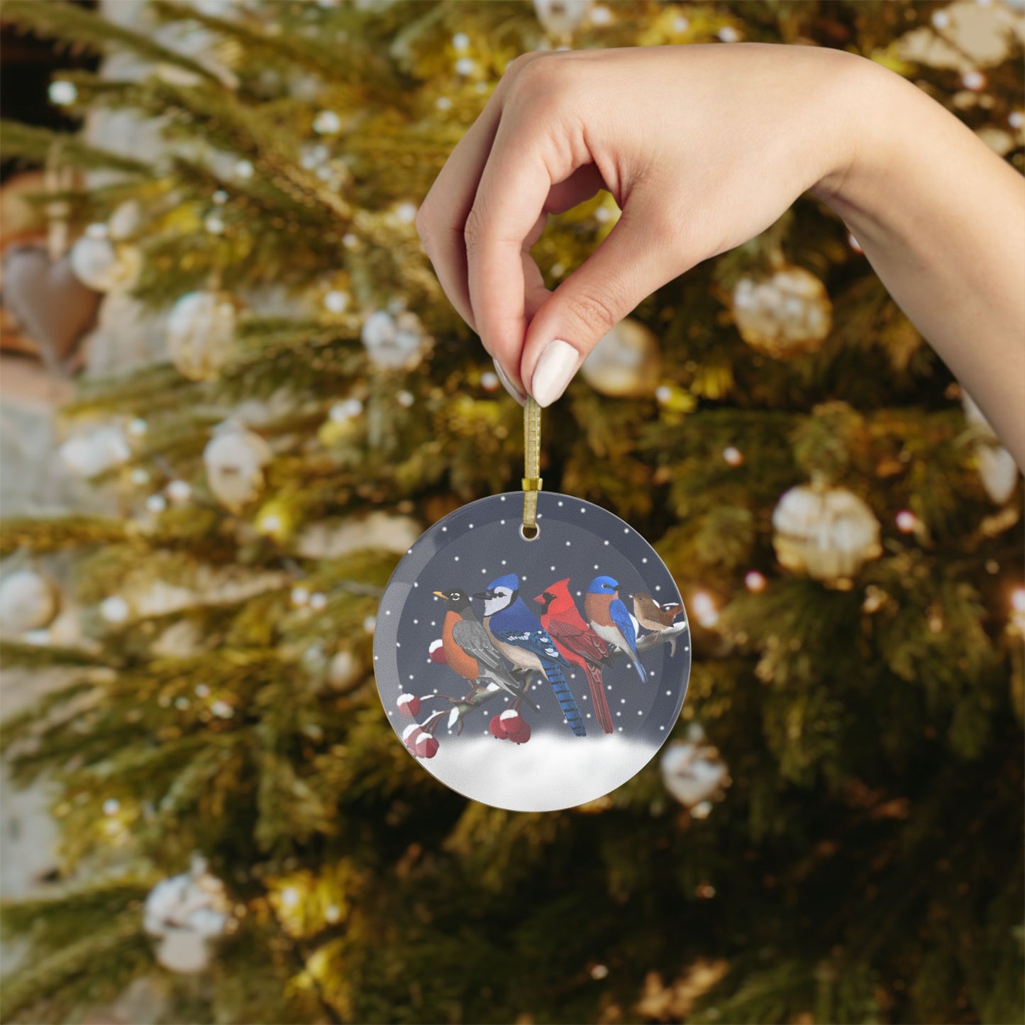 Robin Blue Jay Cardinal Bluebird Wren on a Winter Branch Christmas Bird Glass Ornament