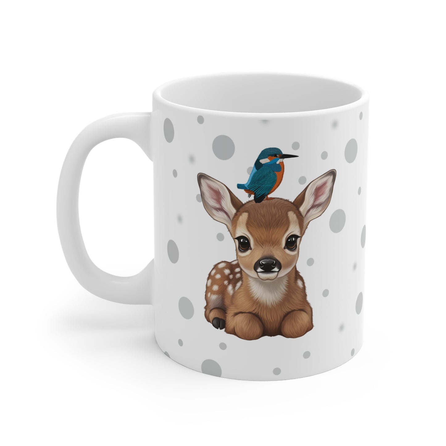 Rehkitz Tasse mit Eisvogel Tiermotiv Punkte Grau