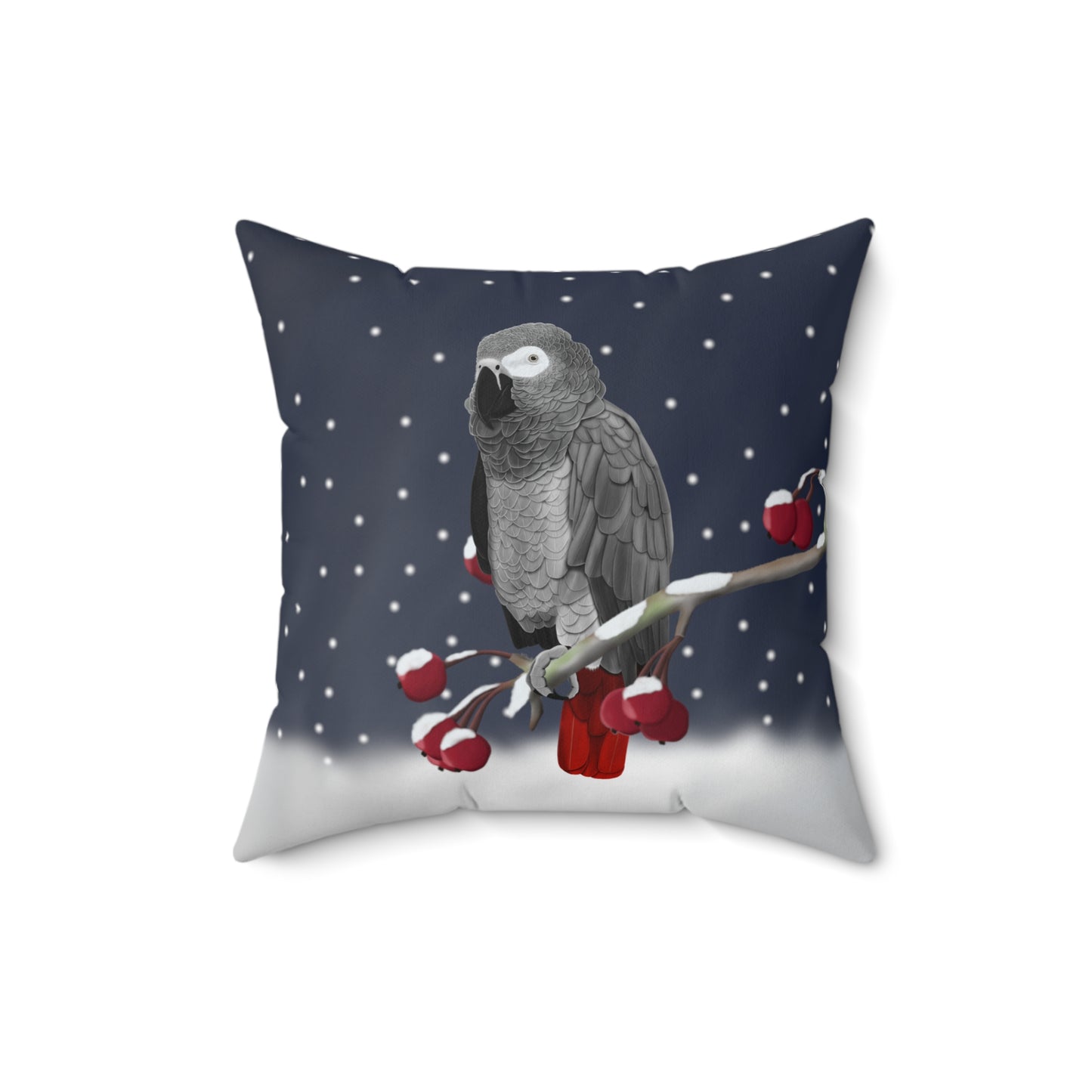 Grey Parrot on a Winter Branch Christmas Bird Pillow